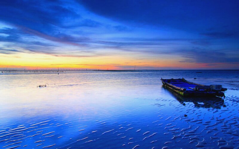 Small Boat on Beach — Blue, Serene, Sunset