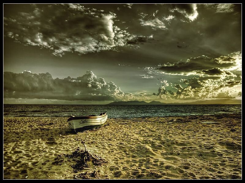 Small Boat on Beach — Brown, Dramatic