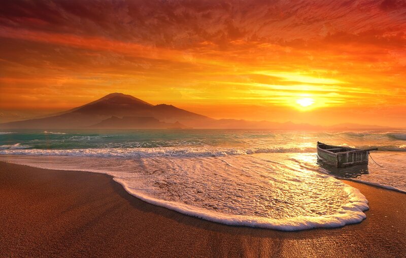 Small Boat on Beach — Orange, Dramatic, Sunset, Photograph, Mountain