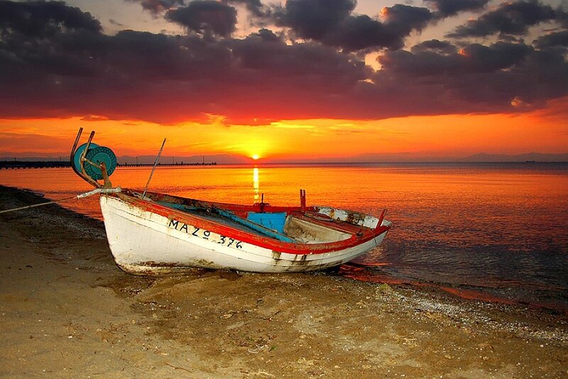 Small Boat on Beach — Orange, Dramatic, Sunset, Photograph, Sea