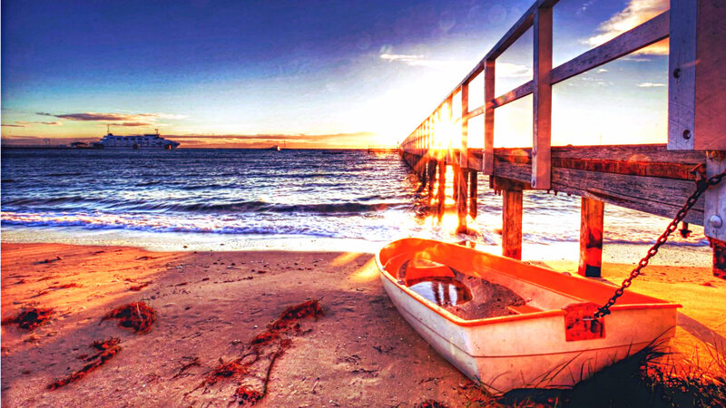 Small Boat on Beach — Orange, Dramatic, Sunset, Photograph