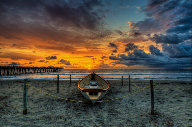 Small Boat on Beach — Orange, Dramatic, Sunset