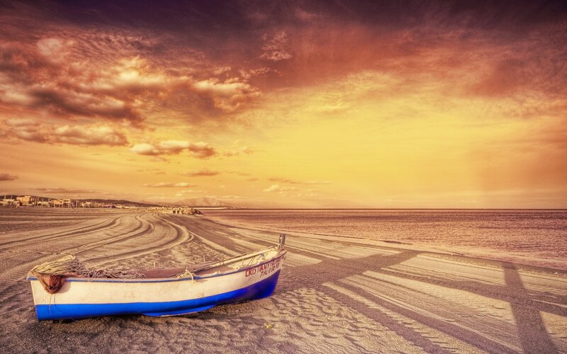 Small Boat on Beach — Orange, Dramatic