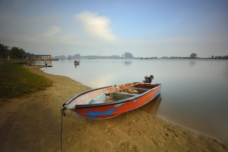 Small Boat on Beach — Orange, Serene, Morning