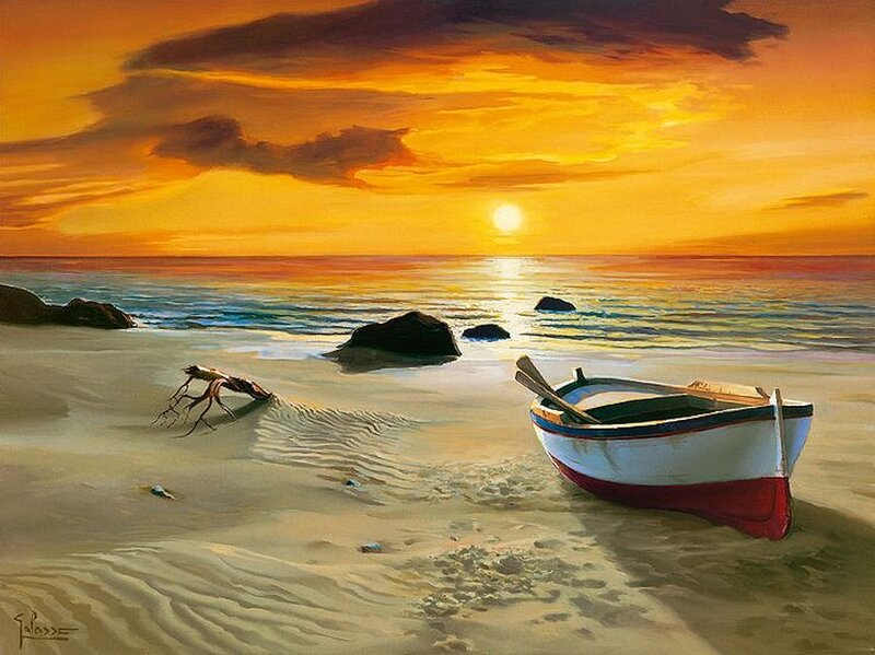 Small Boat on Beach — Orange, Serene, Sunset, Painting