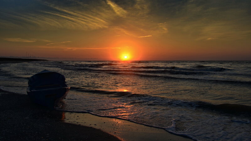Small Boat on Beach — Orange, Serene, Sunset, Photograph, Ocean
