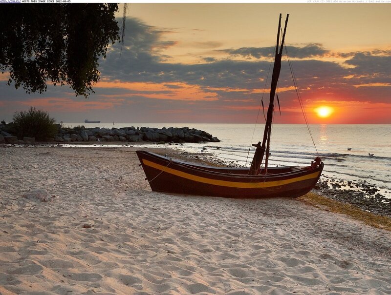 Small Boat on Beach — Orange, Serene, Sunset, Photograph, Sand