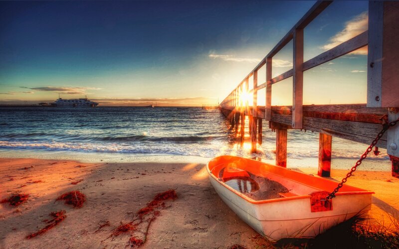 Small Boat on Beach — Orange, Serene, Sunset, Photograph