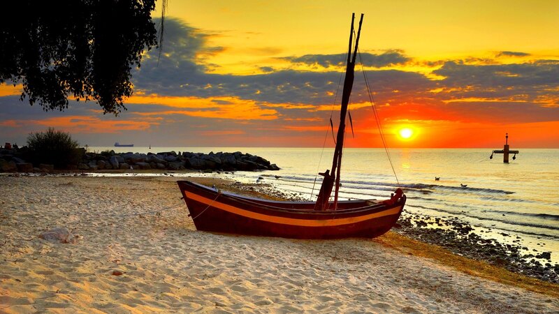 Small Boat on Beach — Orange, Serene, Sunset