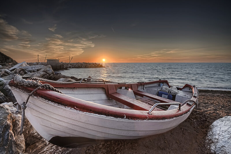 Small Boat on Beach — White, Serene