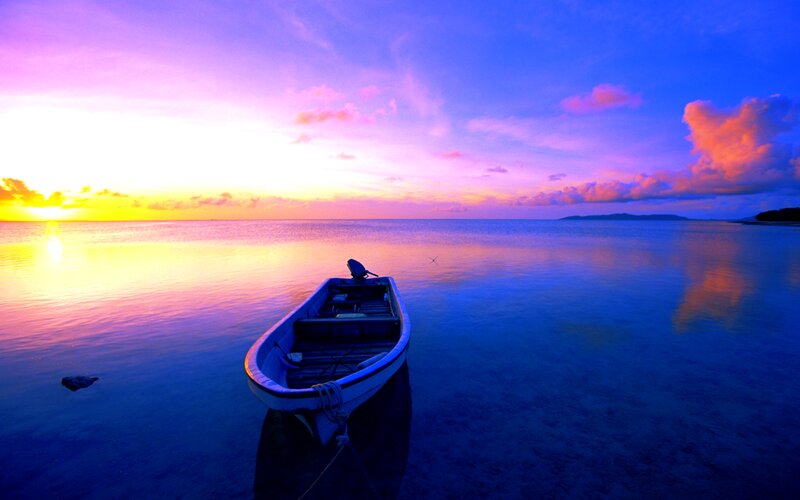Small Boat on Calm Water — Blue, Serene, Sunset