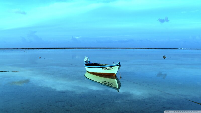 Small Boat on Calm Water — Blue, Serene