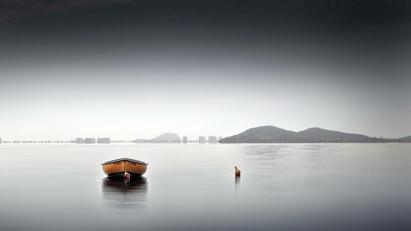 Small Boat on Calm Water — Gray, Serene