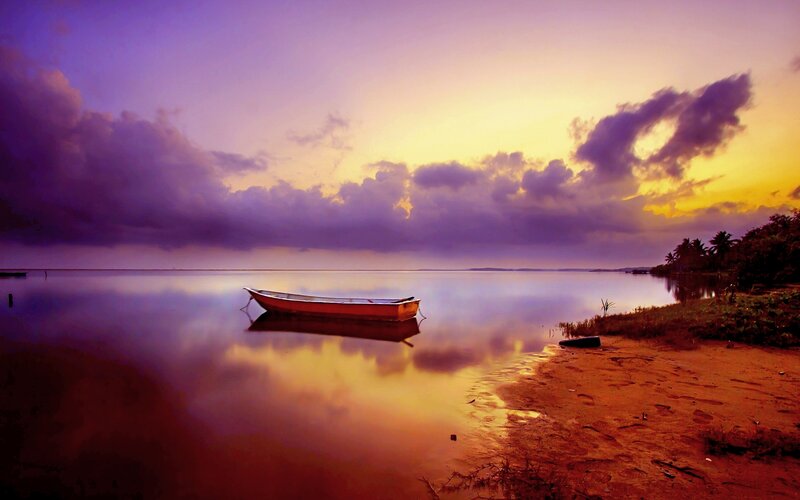 Small Boat on Calm Water — Purple, Serene, Sunset, Photograph