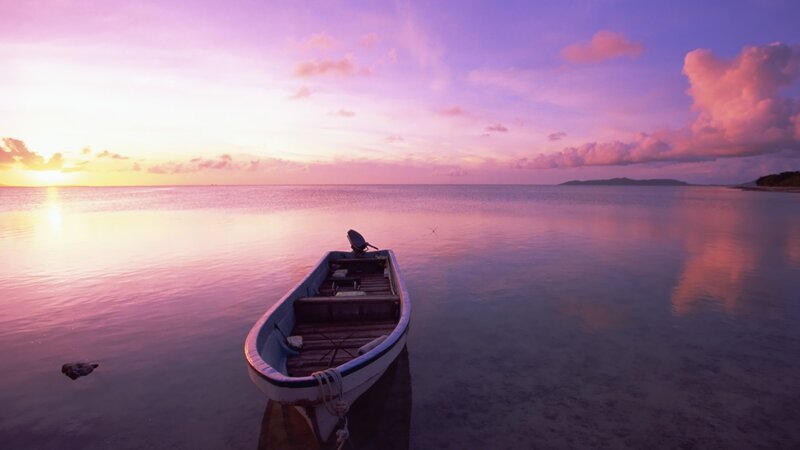 Small Boat on Calm Water — Purple, Serene, Sunset