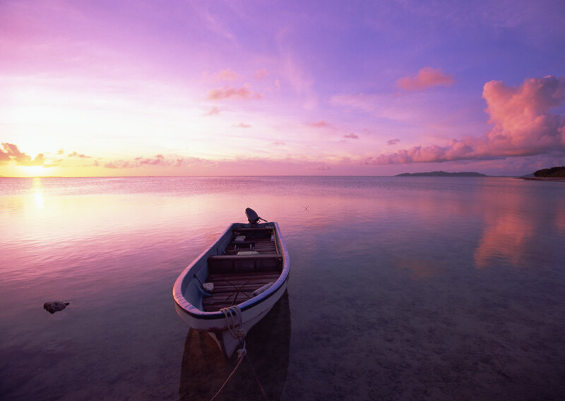 Small Boat on Calm Water — Purple, Serene