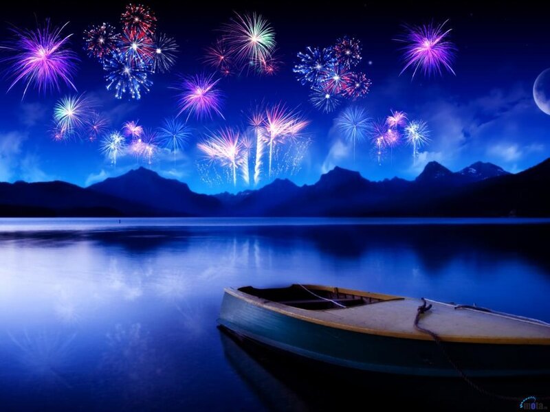Small Boat on Lake — Blue, Celebratory, Night