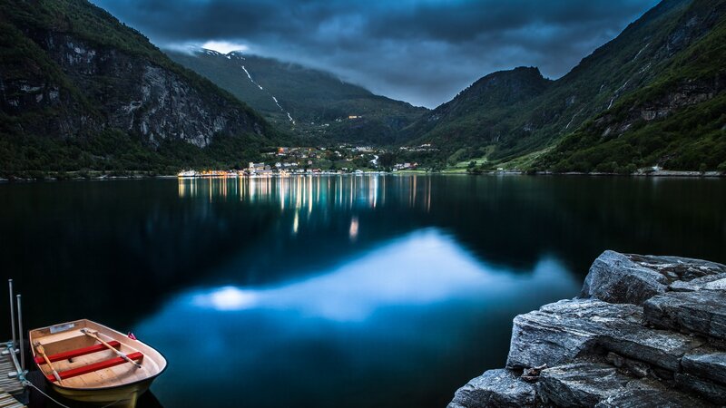 Small Boat on Lake — Blue, Dramatic, Night, Photograph