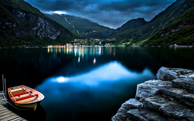 Small Boat on Lake — Blue, Dramatic, Night