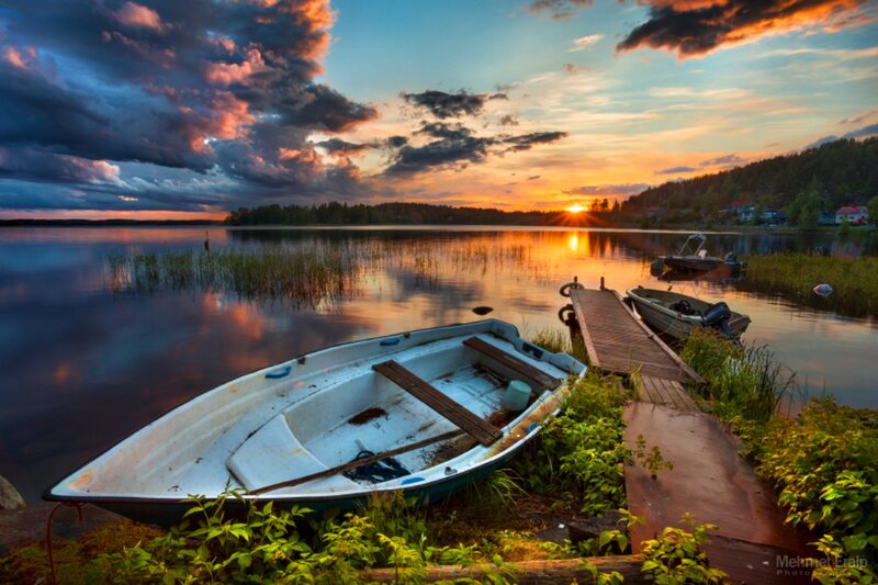 Small Boat on Lake — Blue, Dramatic, Sunset, Photograph, Dock