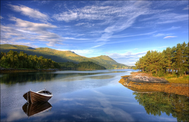 Small Boat on Lake — Blue, Serene, Afternoon, Photograph, Mountains, Trees