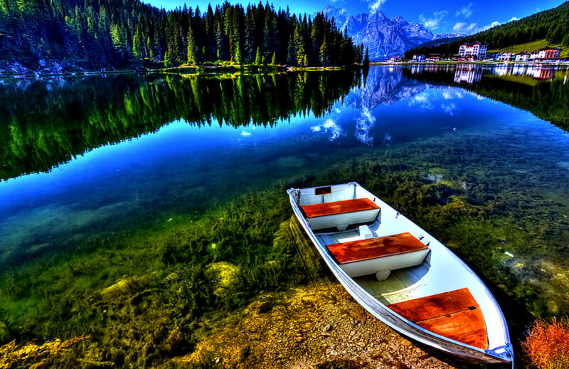 Small Boat on Lake — Blue, Serene, Afternoon