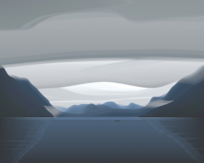 Small Boat on Lake — Blue, Serene, Digital Art