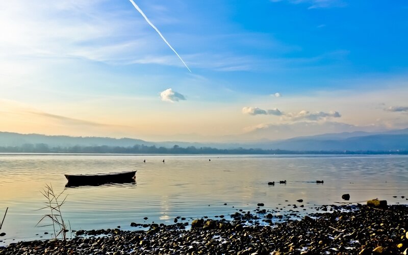 Small Boat on Lake — Blue, Serene, Morning, Photograph, Ducks