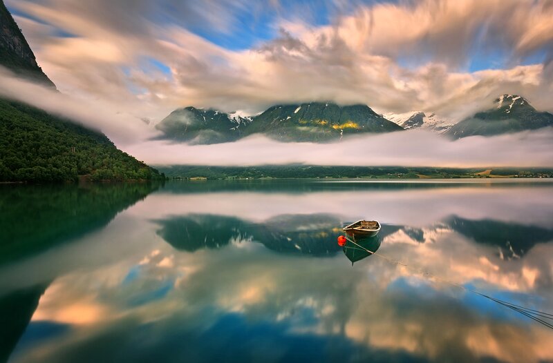 Small Boat on Lake — Blue, Serene, Morning, Photograph, Mountains