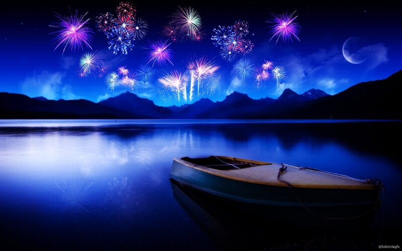 Small Boat on Lake — Blue, Serene, Night, Digital Art, Fireworks, Mountains, Moon