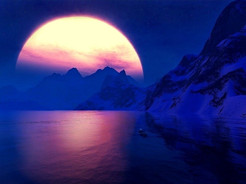 Small Boat on Lake — Blue, Serene, Night, Digital Art