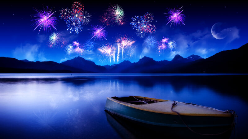 Small Boat on Lake — Blue, Serene, Night, Photograph, Fireworks, Mountains, Moon, Purple, White