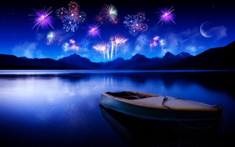 Small Boat on Lake — Blue, Serene, Night, Photograph, Fireworks, Mountains