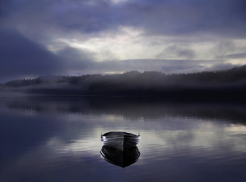 Small Boat on Lake — Blue, Serene, Night, Photograph, Fog