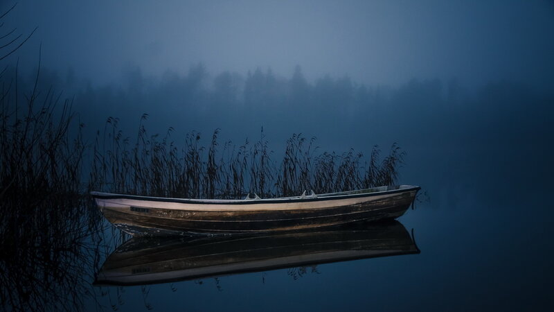 Small Boat on Lake — Blue, Serene, Night, Photograph, Reeds