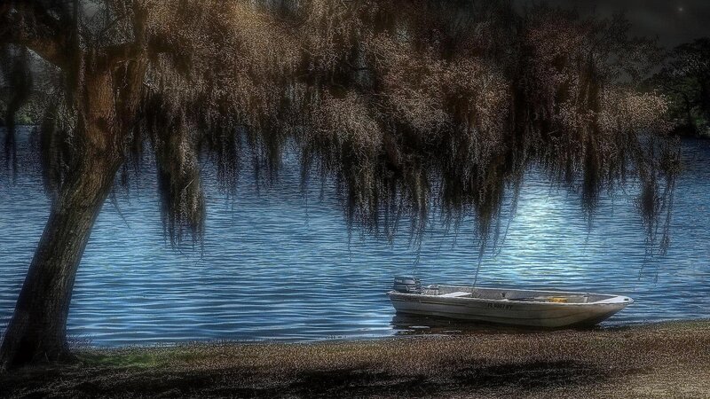 Small Boat on Lake — Blue, Serene, Night, Photograph, Tree, Water