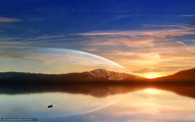 Small Boat on Lake — Blue, Serene, Sunrise