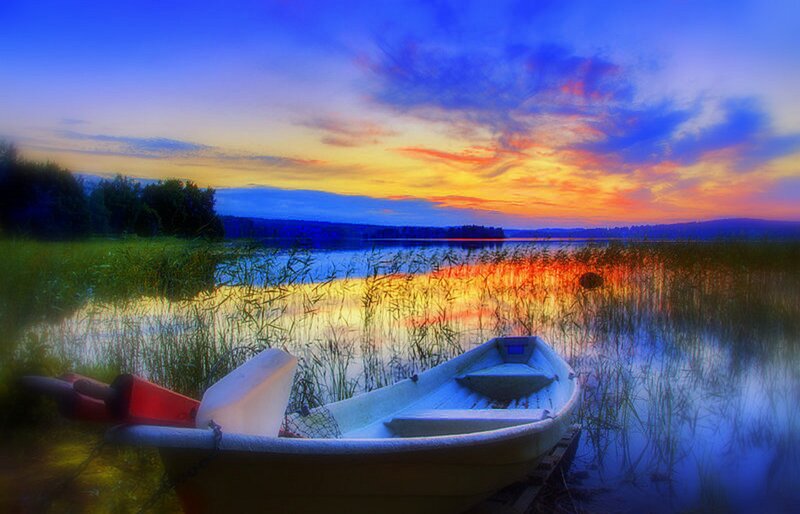 Small Boat on Lake — Blue, Serene, Sunset, Photograph, Reeds