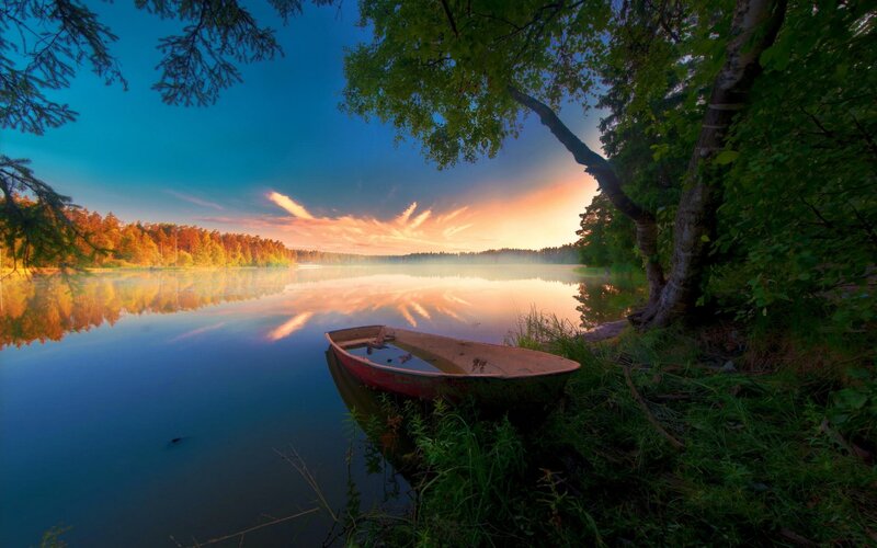 Small Boat on Lake — Blue, Serene, Sunset, Photograph, Tree