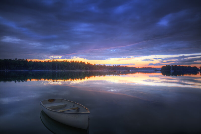 Small Boat on Lake — Blue, Serene