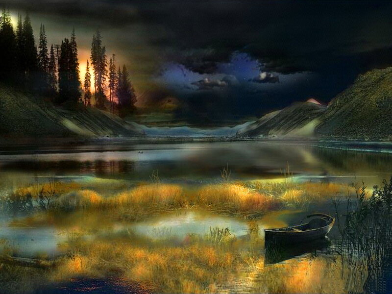 Small Boat on Lake — Dark Blue