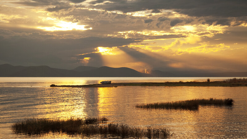 Small Boat on Lake — Gold, Dramatic