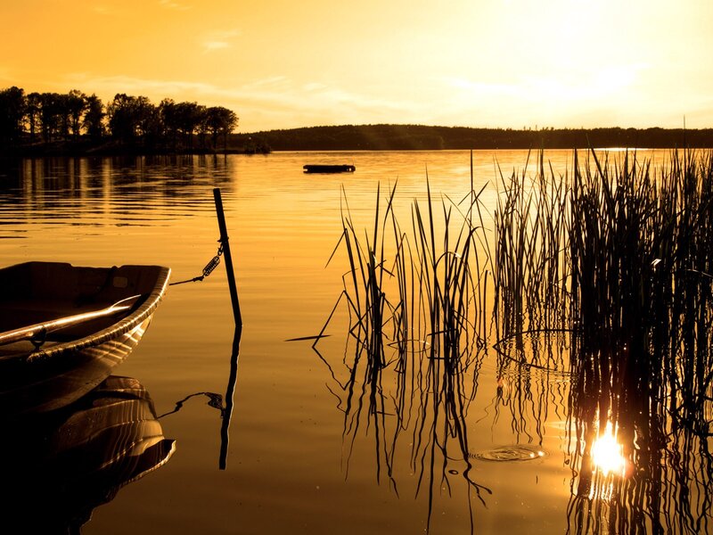 Small Boat on Lake — Gold, Serene, Sunset