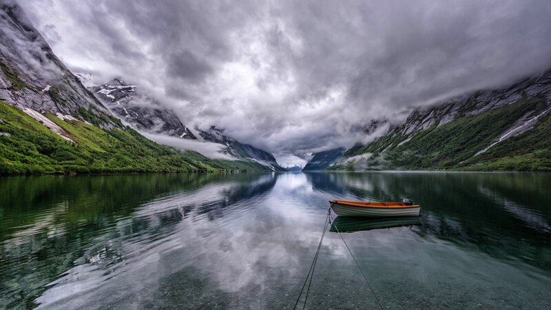 Small Boat on Lake — Green, Dramatic
