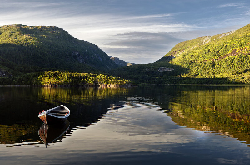 Small Boat on Lake — Green, Serene, Afternoon, Photograph