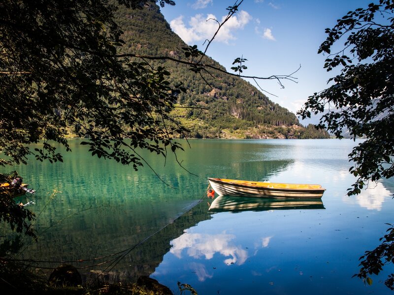 Small Boat on Lake — Green, Serene, Afternoon, Photograph, Trees