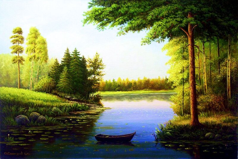 Small Boat on Lake — Green, Serene, Afternoon