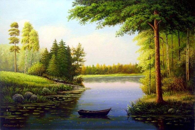 Small Boat on Lake — Green, Serene