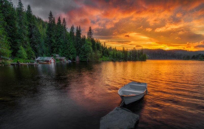 Small Boat on Lake — Orange, Dramatic, Sunset, Photograph, Forest