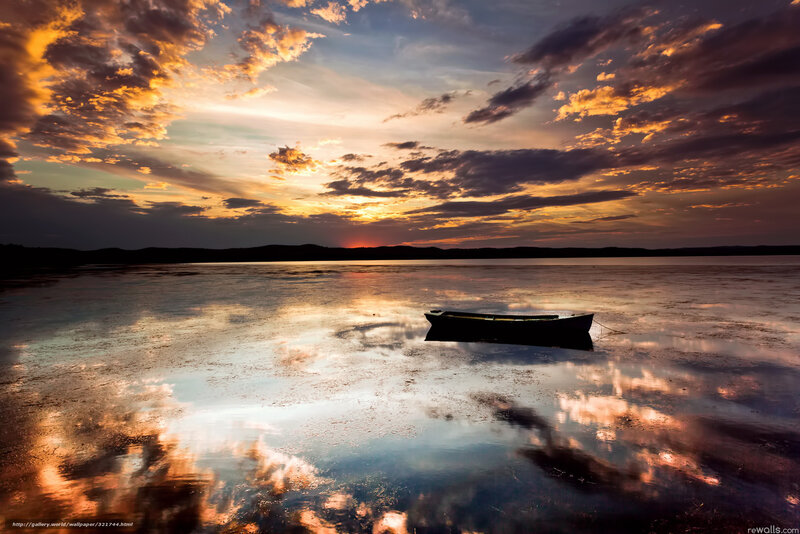 Small Boat on Lake — Orange, Dramatic, Sunset, Photograph, Sky